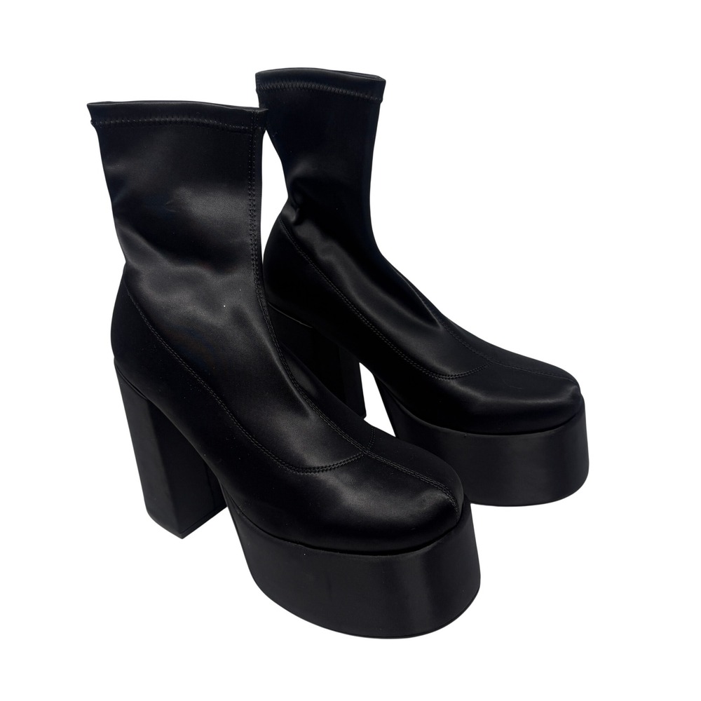 Easy Fox Platform Sock Boots Womens 8 Black NWOB Chunky Block Heel Stretch